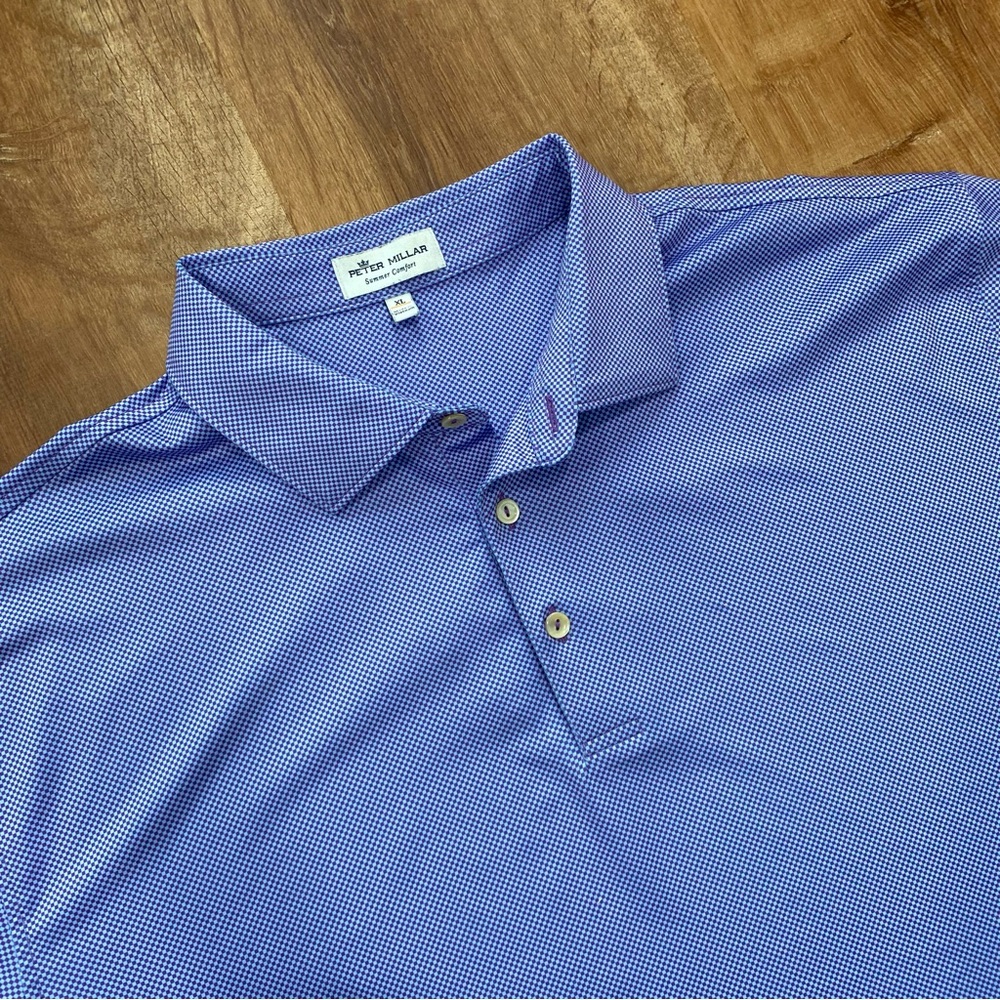 Peter Millar Summer Comfort Purple Checkered Patterned Polo Shirt Mens XL